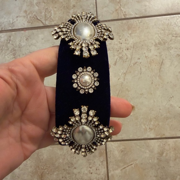 Blue Velvet Pearl Rhinestone Embellished Headband | Statement Hair Accessory - Picture 2 of 7